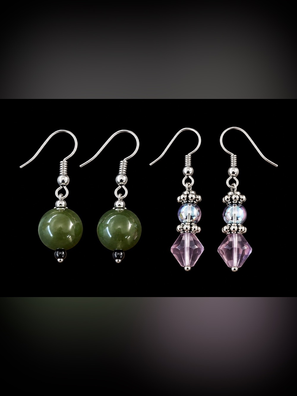 2 Pairs Beaded Dangle Earrings Green & Purple Silver Tone Fish Hook